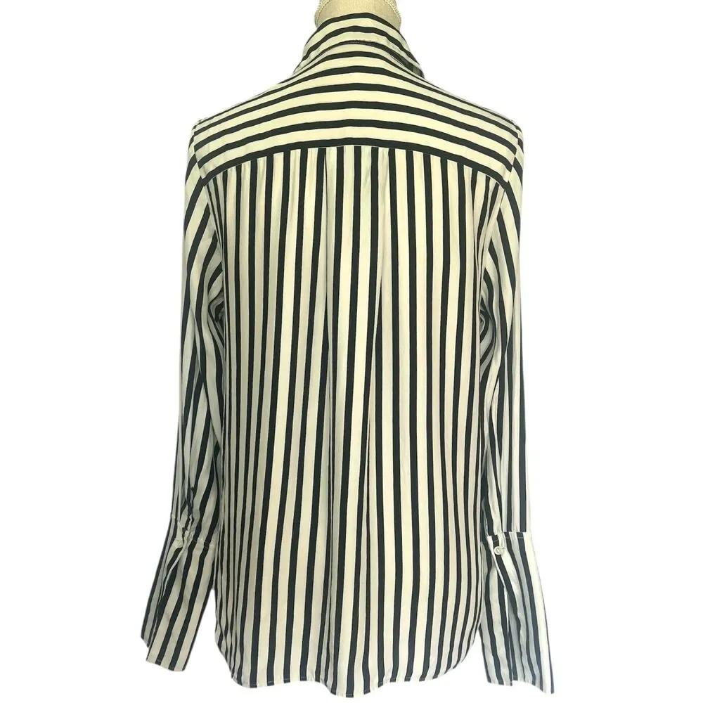 FRAME 100% Silk Blouse Medium Black & Cream Striped Button Up Classic Elegant - Picture 3 of 5